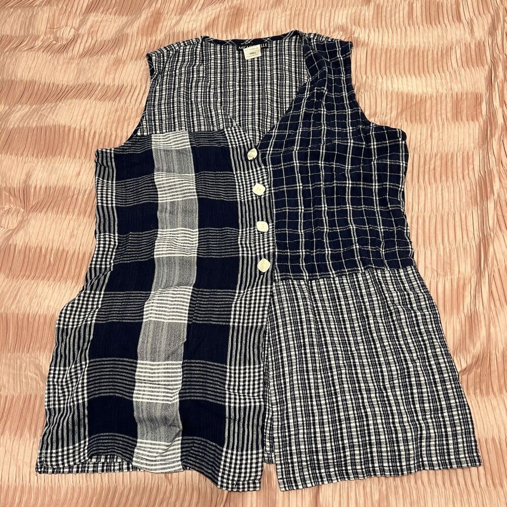 Vintage My Michelle Sleeveless Gingham Blue Patchwork Button Up Shirt Size S USA